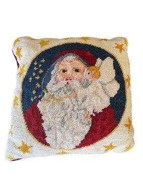 Vintage Needlepoint Pillow Santa  With Angel Red Velvet Back Celestial Stars